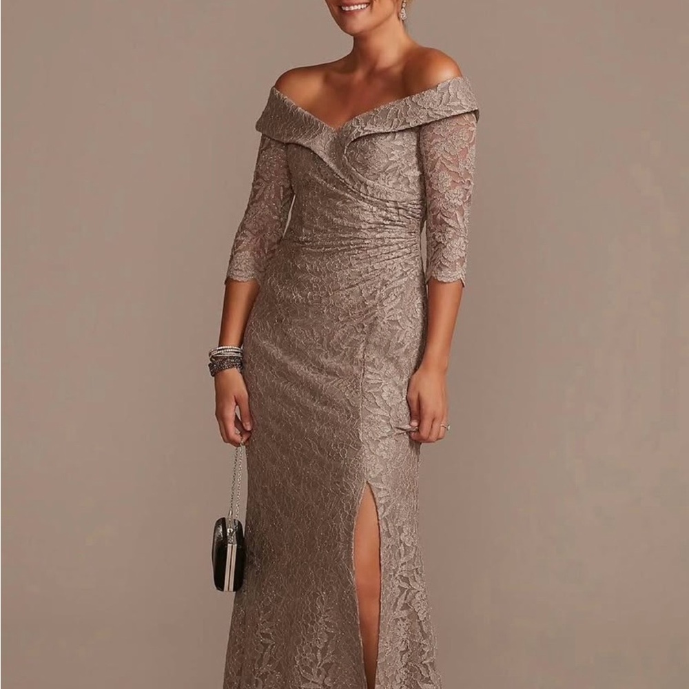 Oleg Cassini Portobello Lace Ruched Off-Shoulder Gown